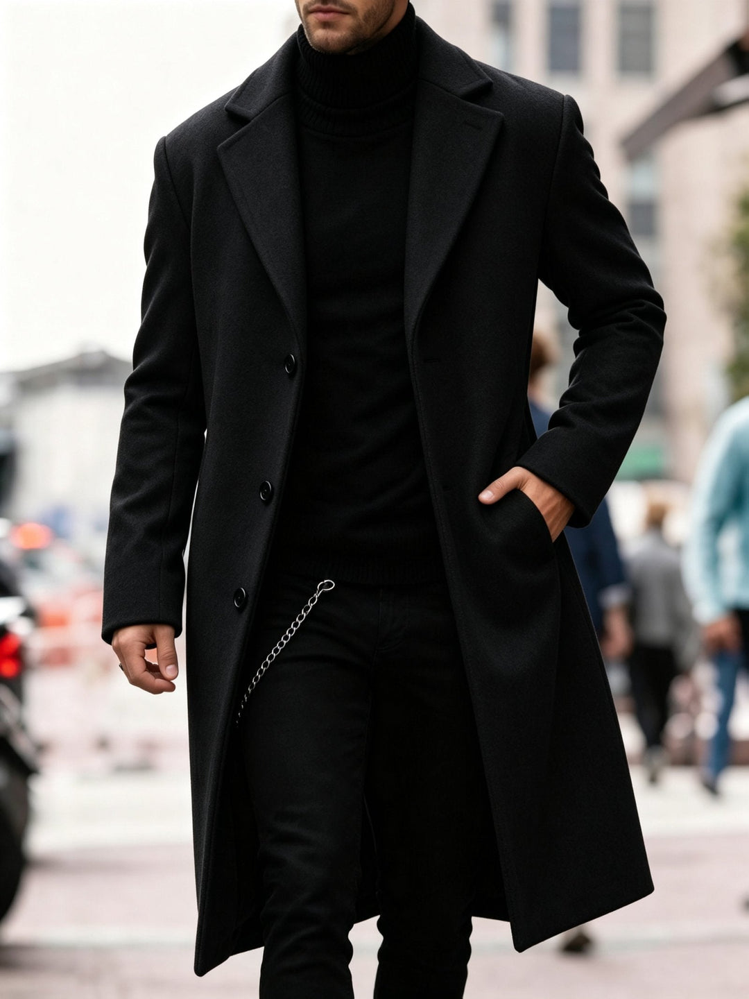 Men's tailored long trench coat, classic and refined, suitable for business or casual elegance.