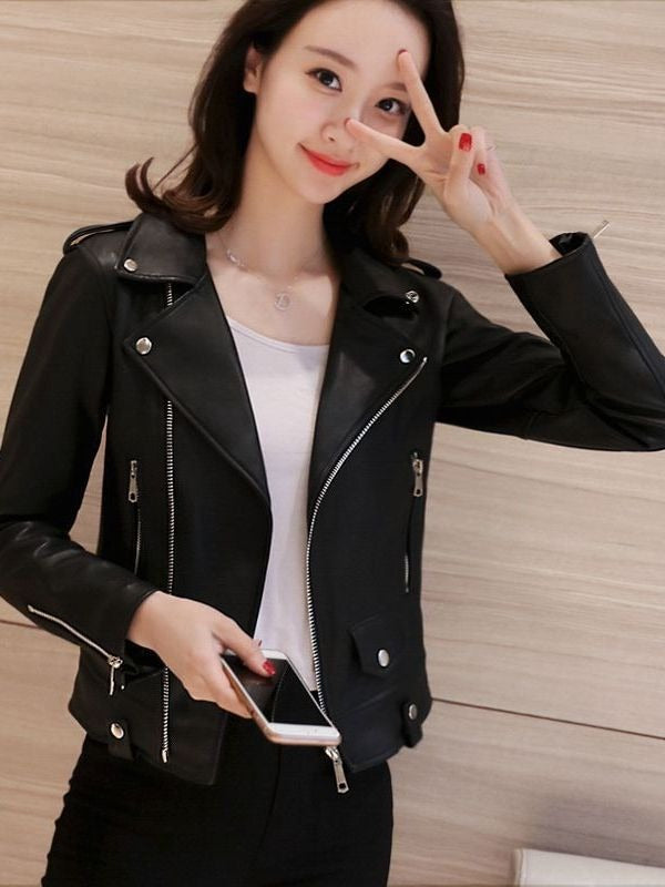 Women's classic black moto-style fitted jacket, perfect for edgy fashion & versatile outerwear.