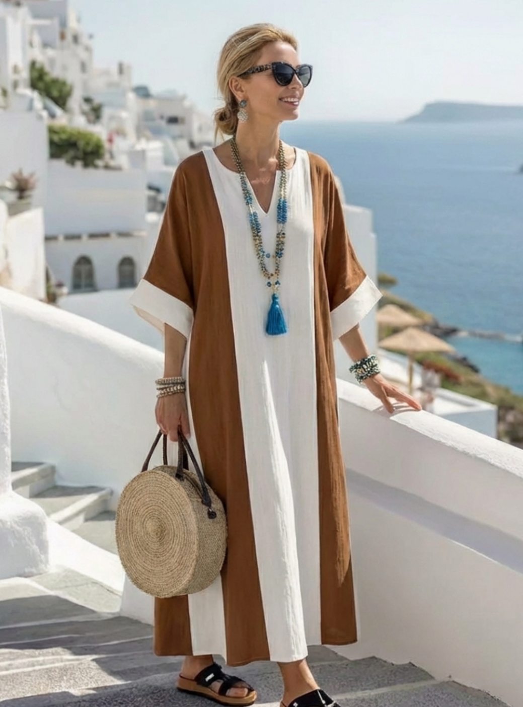 Women's classic color block maxi beach dress with short sleeves, perfect for summer vacation and resort wear.