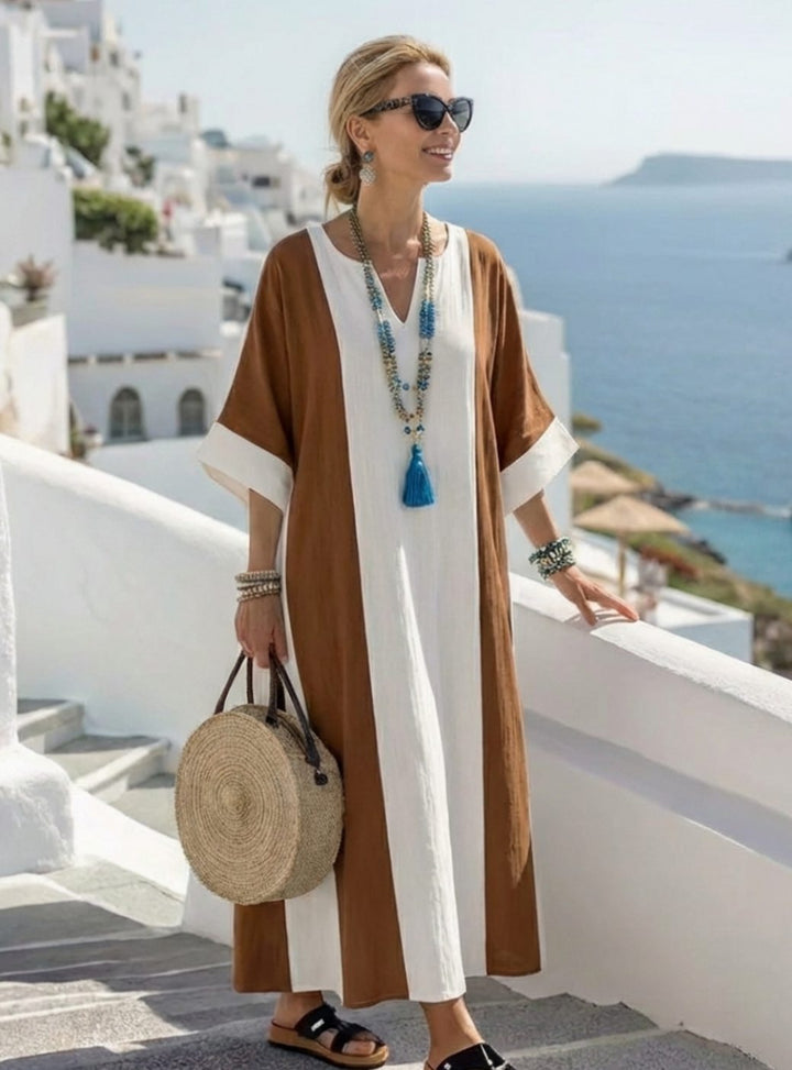 Women's classic color block maxi beach dress with short sleeves, perfect for summer vacation and resort wear.