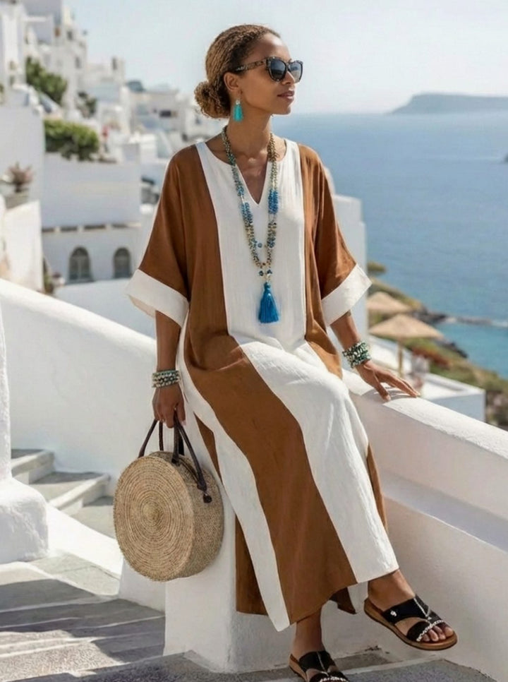 Flowy color block maxi beach dress for women, offering casual chic style and comfort for summer days.