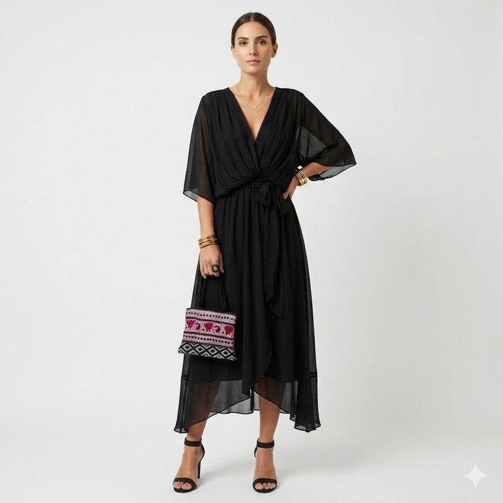 Women's elegant kimono sleeve wrap maxi dress, perfect for special occasions & evening wear.