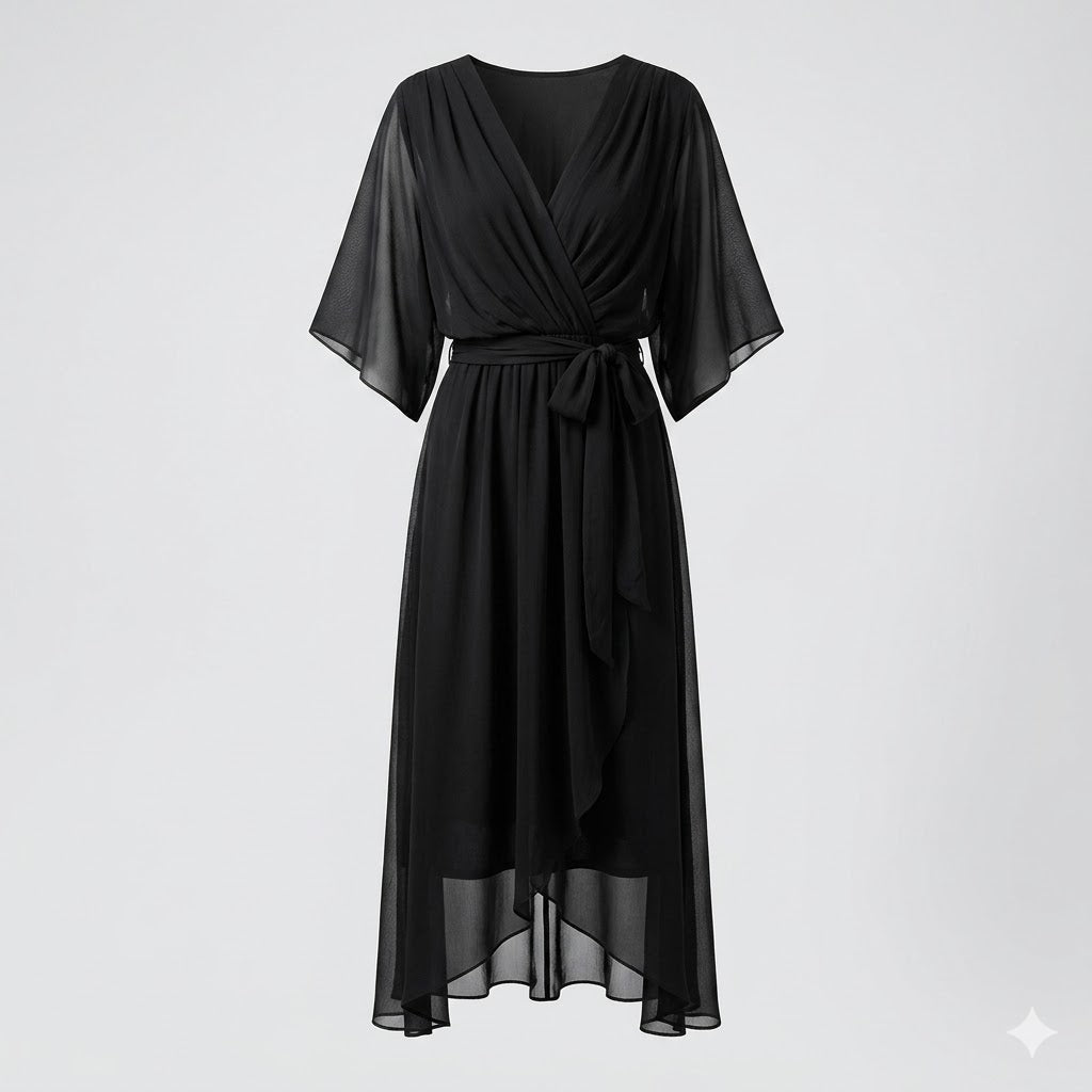 Flowing V-neck wrap maxi dress with refined kimono sleeves & high-low hem. Sophisticated women's fashion.