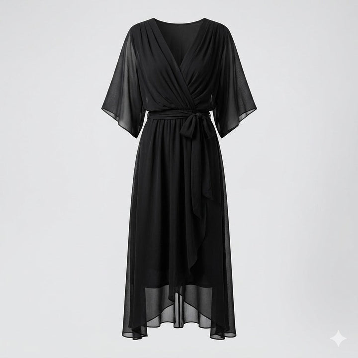 Flowing V-neck wrap maxi dress with refined kimono sleeves & high-low hem. Sophisticated women's fashion.