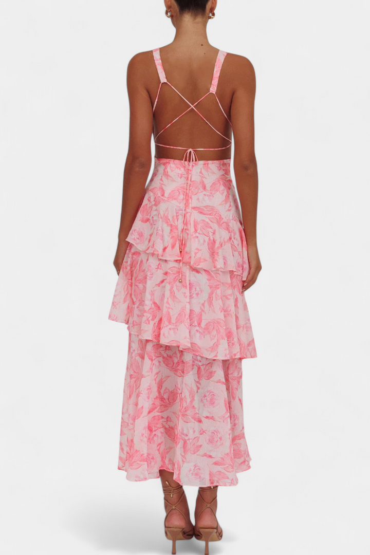Elegant formal evening cocktail tiered ruffle maxi dress for women.