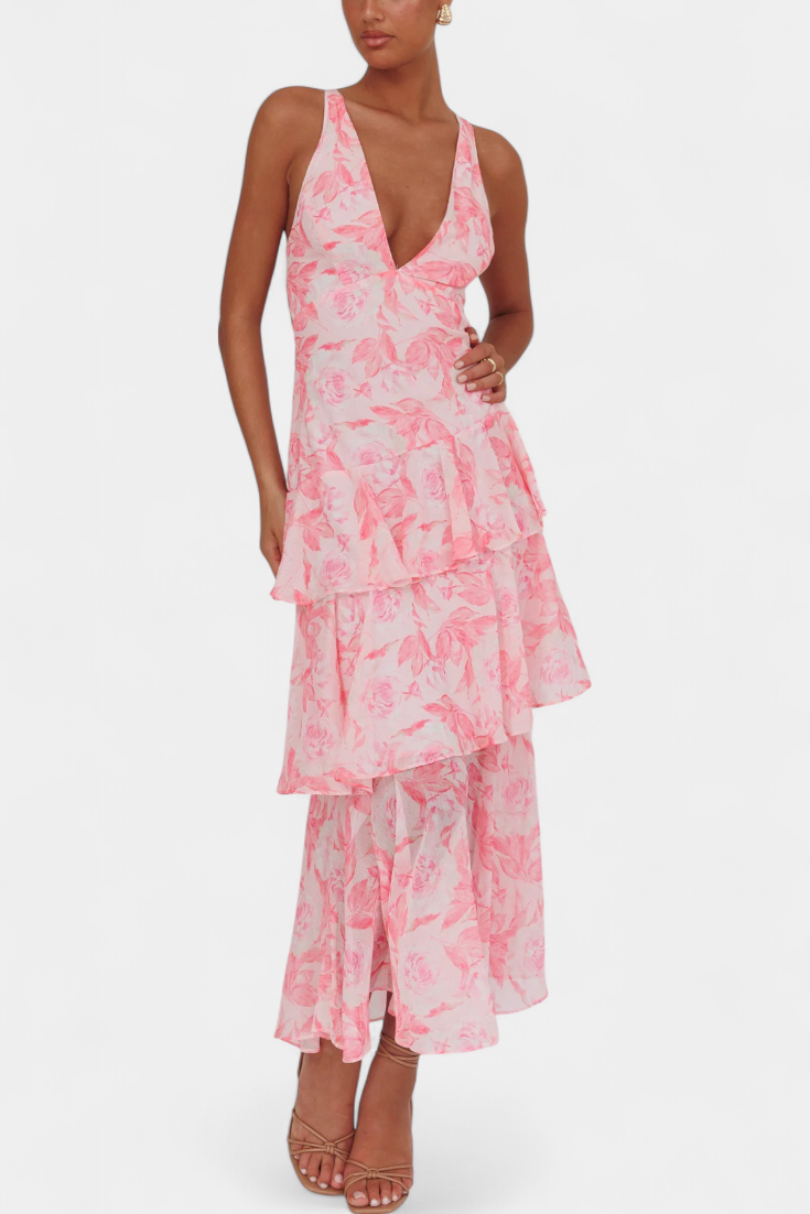 Women's elegant tiered ruffle maxi dress for special occasions like race day or galas.