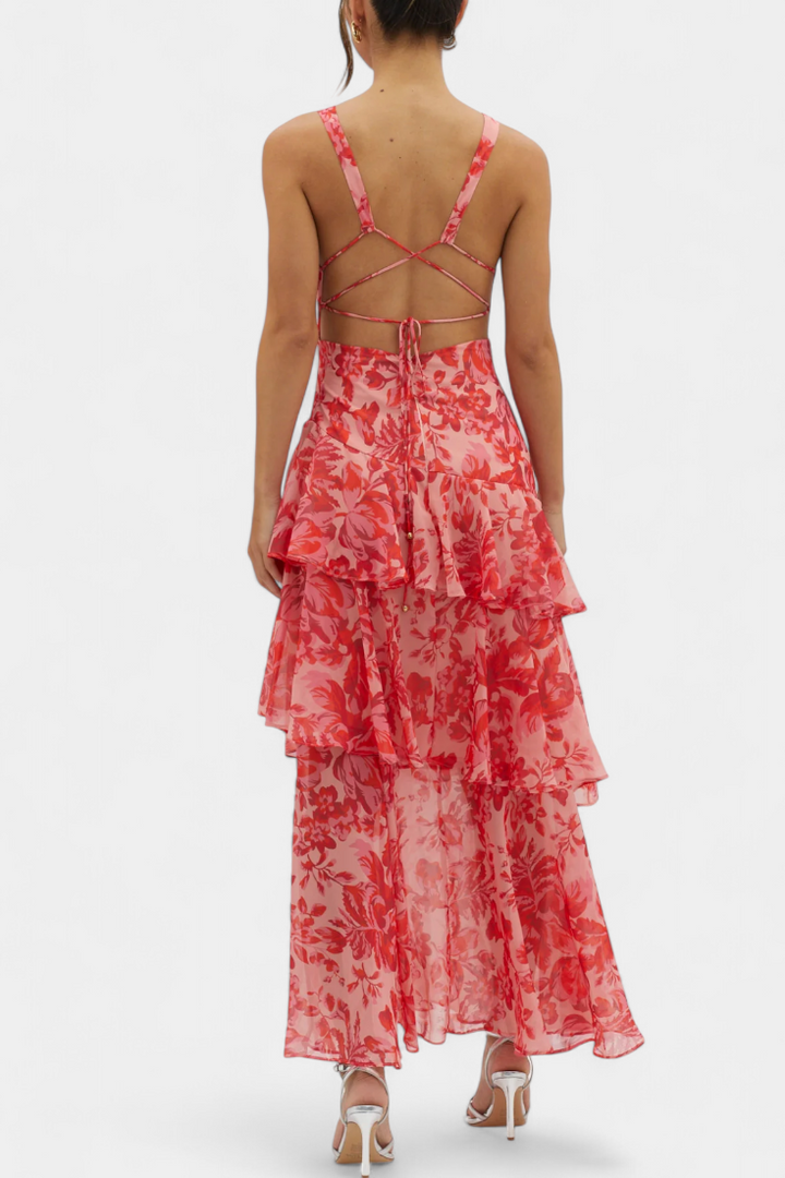 Tiered ruffle V-neck maxi dress, a formal and elegant choice for women's special events.