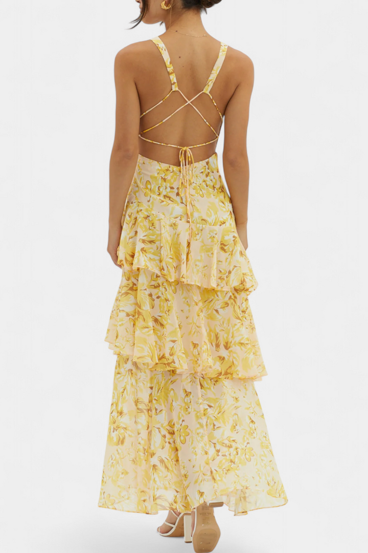 Elegant women's tiered ruffle maxi dress, ideal for any special occasion or formal event.