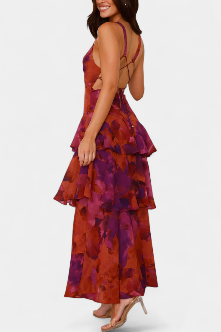 Plunging V-neck tiered ruffle maxi dress, an elegant and flowy statement piece for her.