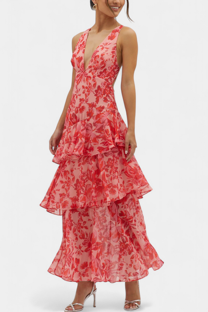 Formal women's tiered ruffle maxi dress, an elegant choice for evening events.