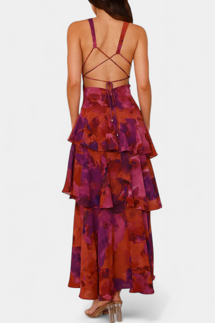 Long tiered ruffle maxi dress for women, an elegant and formal evening wear option.