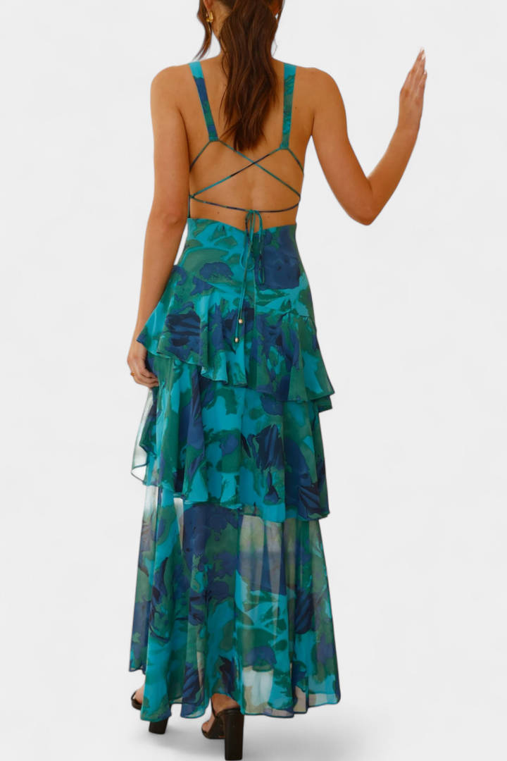 Sophisticated women's elegant tiered ruffle maxi dress with plunging V-neck design.