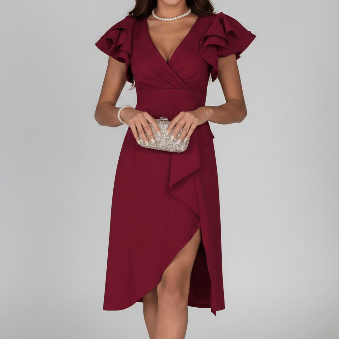 Women's elegant special occasion wrap midi dress with relaxed fit and stylish ruffle sleeves.