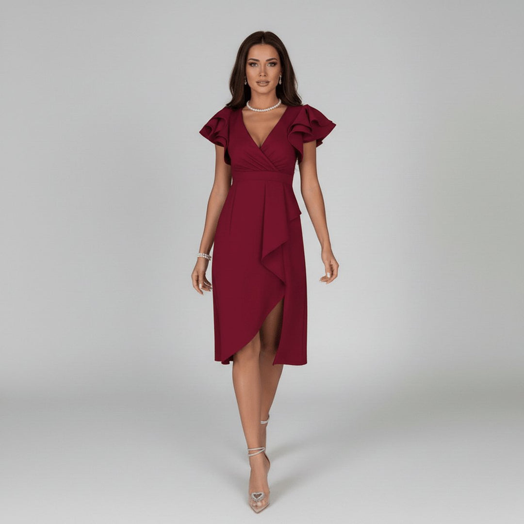 Comfortable women's asymmetric wrap midi cocktail dress, featuring graceful ruffle sleeves for parties.