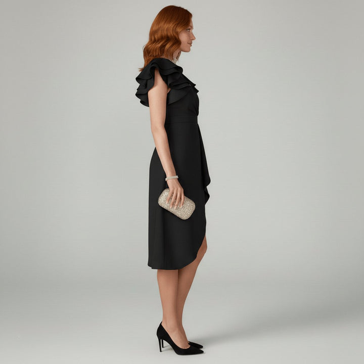 Women's formal wrap midi dress with elegant ruffle sleeves and an asymmetric hem, great for cocktail parties.