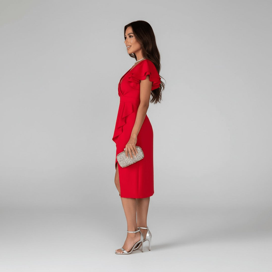 Sophisticated women's wrap cocktail dress, midi length with ruffled sleeves, perfect for elegant party wear.