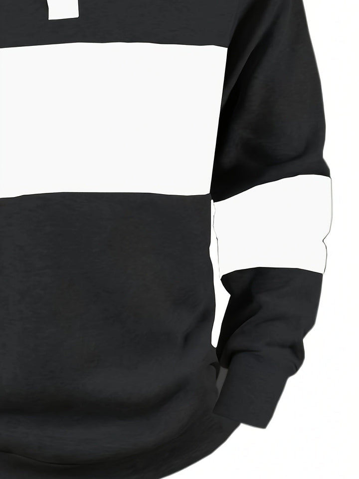 Casual men's colour-block long sleeve polo shirt, featuring a button collar.
