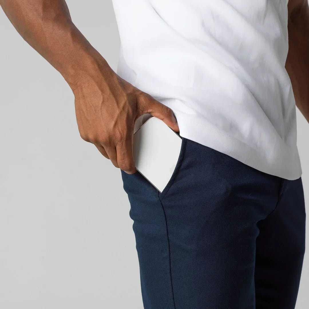Navy everyday stretch pants, combining a smart look with active flexibility for men.