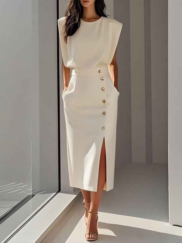 Women's button-front sleeveless midi dress with a round neck, perfect for effortless summer chic and daily wear.