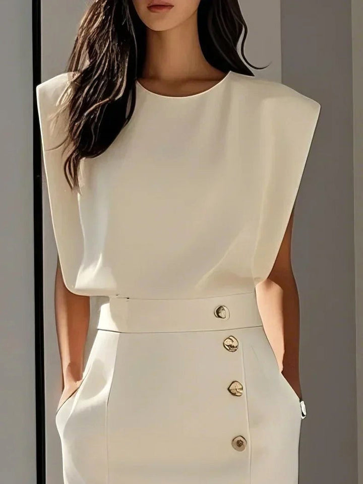 Perfect summer women's midi dress, sleeveless with button front, round neck, for effortless warm-weather style.