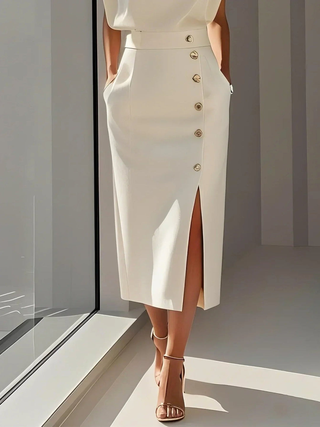 A versatile women's sleeveless midi dress, button-front, round neck, transitions from casual to elegant easily.