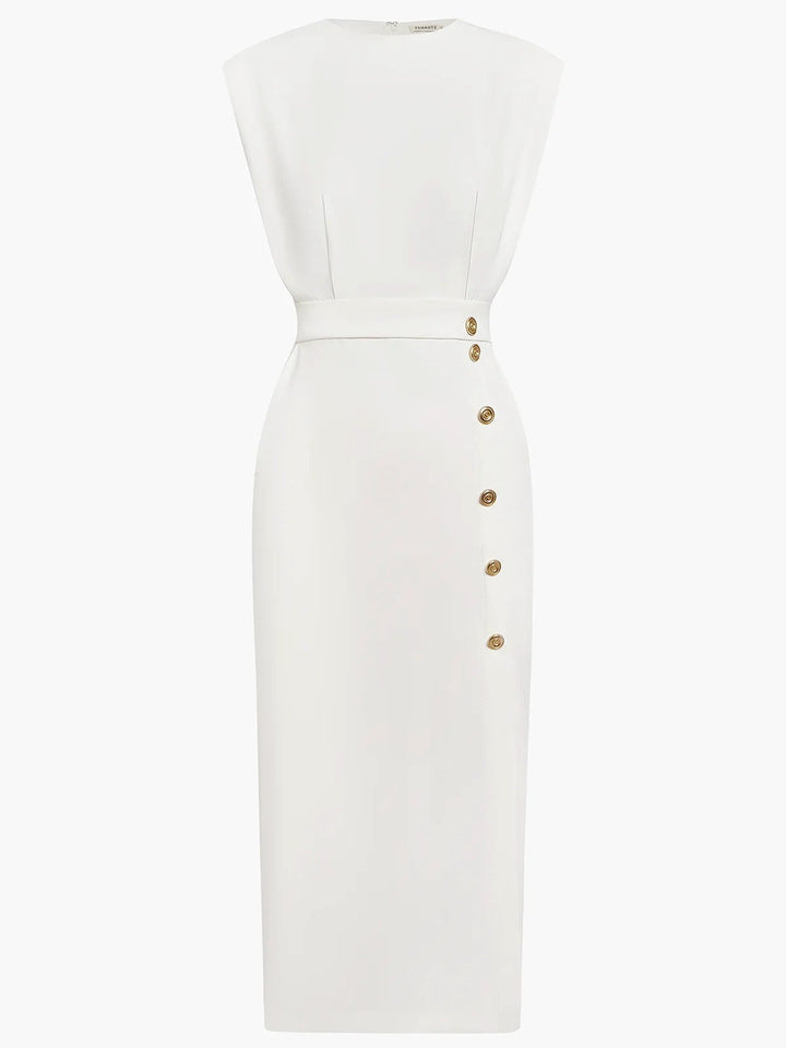 Detailed view of a women's button-front sleeveless midi dress, featuring a chic round neck and midi length.