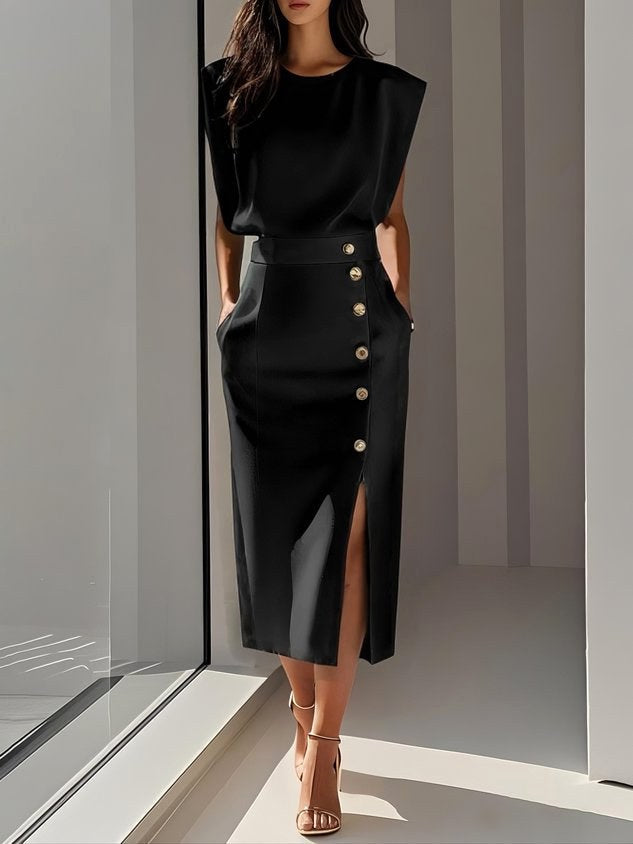 Elegant women's sleeveless midi dress, button-front design, versatile for casual, office, or spring/summer fashion.
