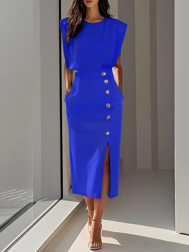 Full-length view of a women's button-front sleeveless midi dress, stylish and versatile for any occasion.