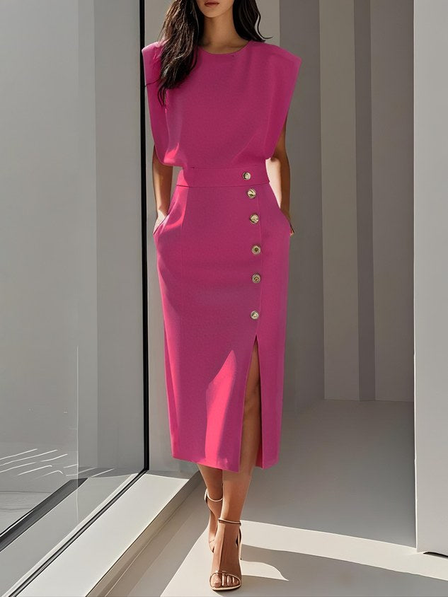 Flowing women's sleeveless midi dress with button front, round neck, perfect for spring/summer style.