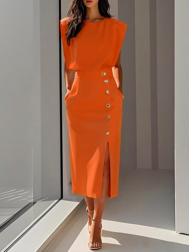 Women's elegant button-front midi dress, sleeveless, great for office or a stylish casual look.