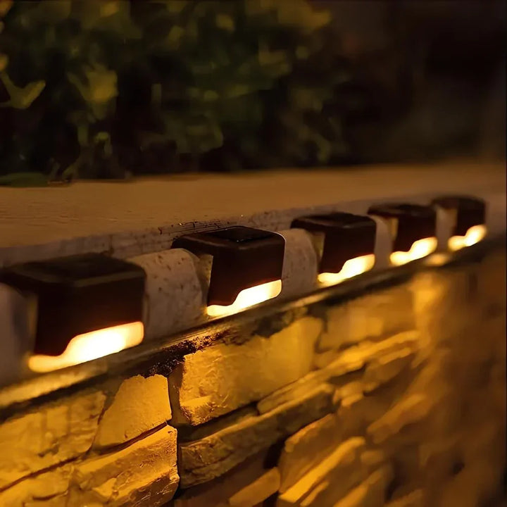 Solar deck lighting, warm glow, auto dusk-to-dawn, easy to install.