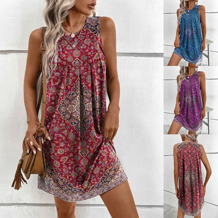 Women's classic boho print sleeveless shift mini dress, perfect for summer casual & vacation.
