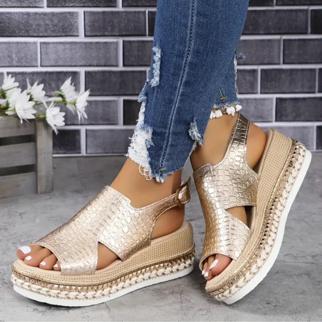 Gold metallic espadrille platform sandals, peep toe & ankle strap, perfect party shoes for women.