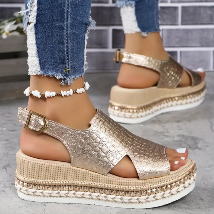 Silver chunky sole espadrille platform sandals for women, with secure ankle strap & summer style.