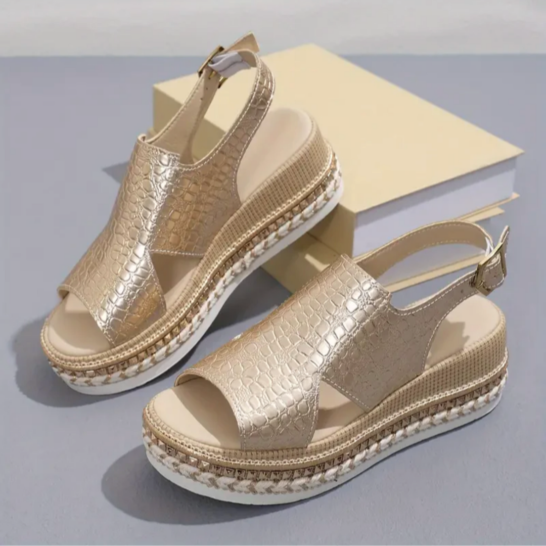 Elegant women's heeled platform espadrille sandals, polished finish & ankle strap for special events.