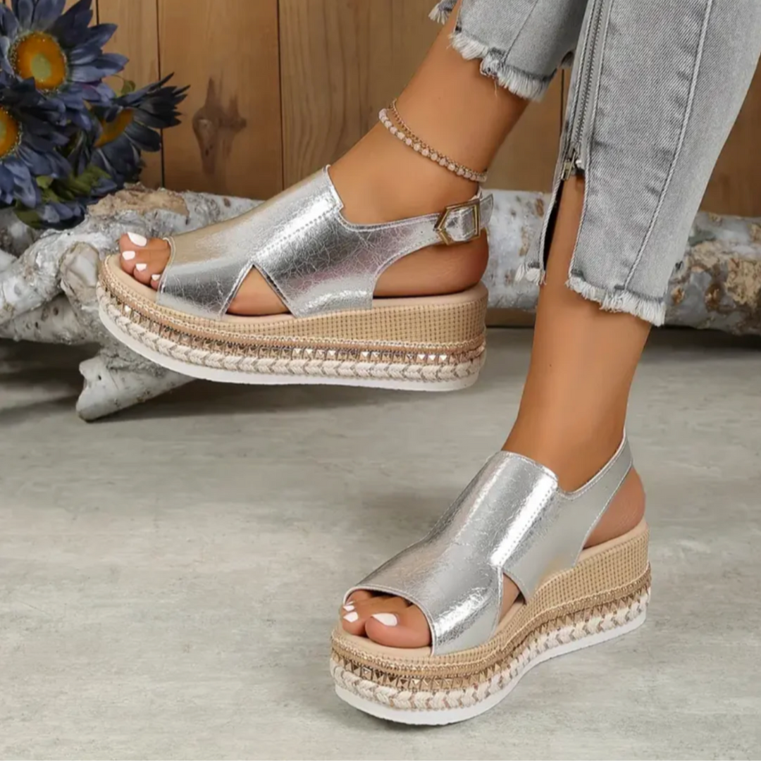 Fashionable women's platform espadrille sandals, chunky sole, gold tone, and stylish ankle strap.