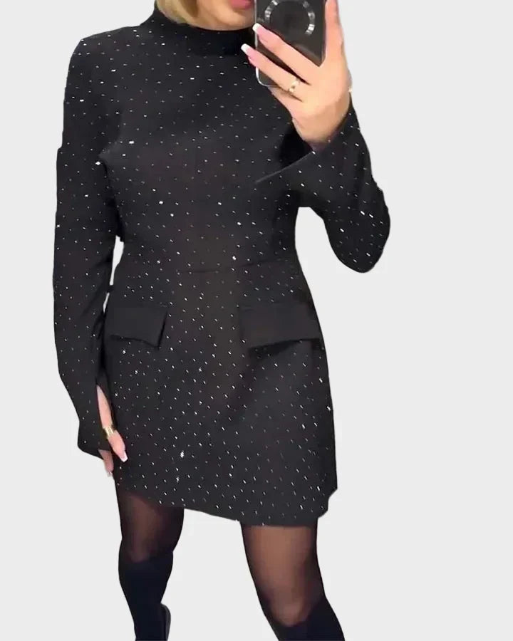 Elegant women's polished mock neck long sleeve sequin dress, perfect for evening parties & special occasions.