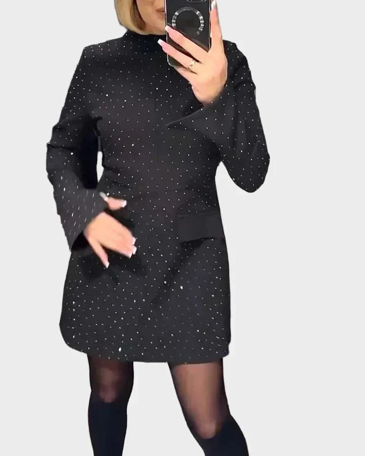 Sparkling women's fitted sequin party dress with a chic mock neck and long sleeves for elegant evening wear.
