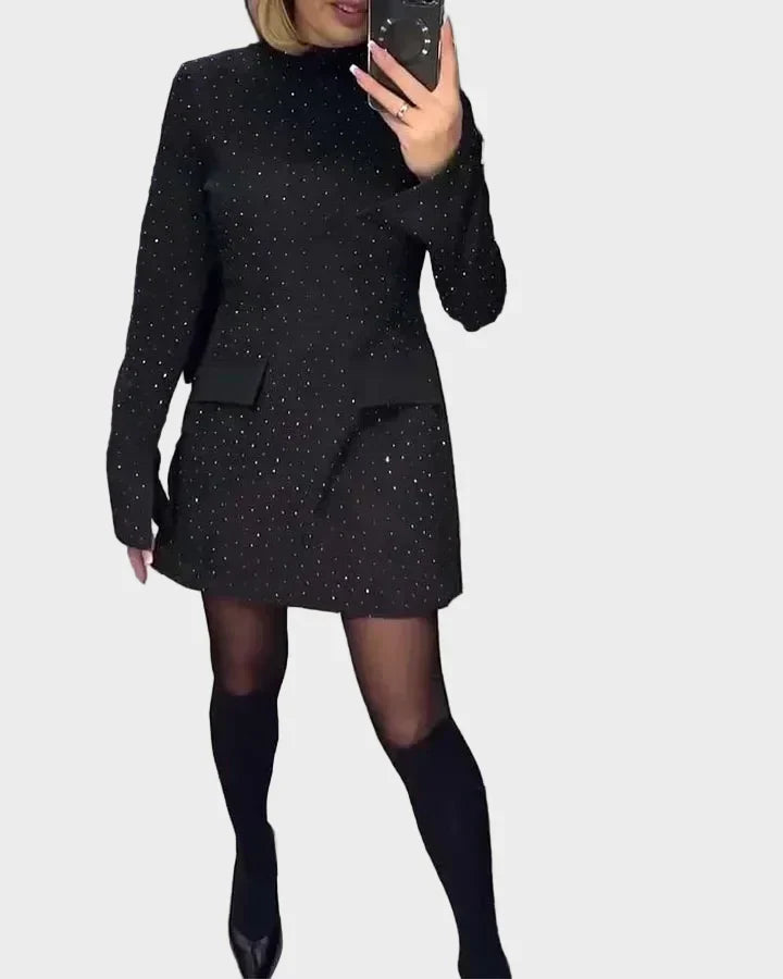 Stunning women's sequin dress with mock neck & long sleeves, an elegant choice for formal events & special occasions.
