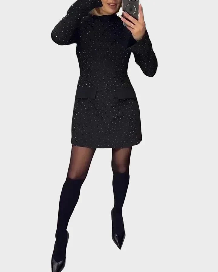 Fashionable women's polished sequin dress with long sleeves & a mock neck for a dazzling, sophisticated party look.