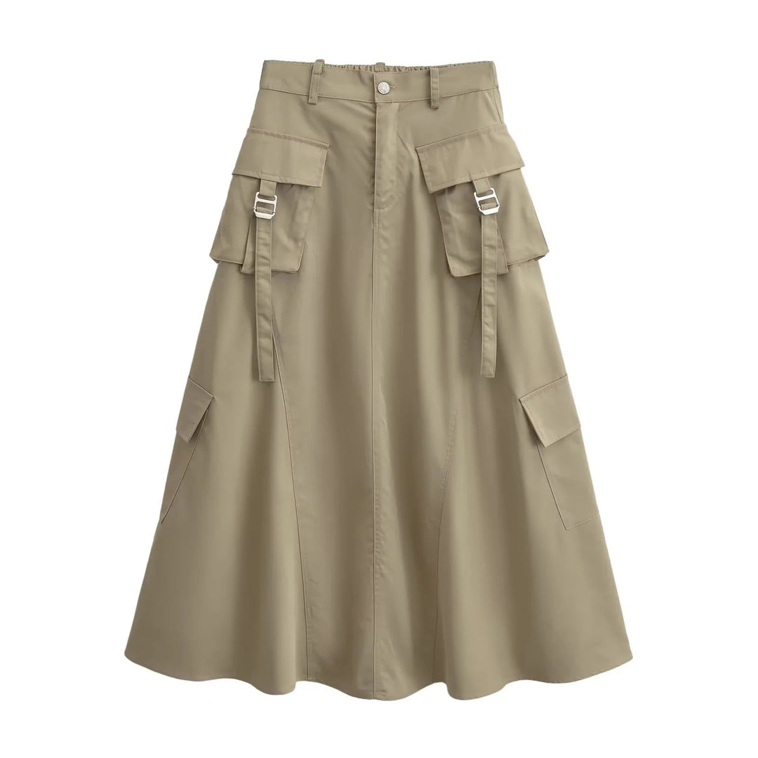Women's relaxed A-line khaki cargo midi skirt with utility pockets, perfect for casual everyday fashion.