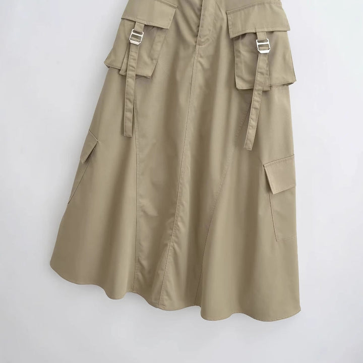Khaki women's relaxed A-line midi skirt. Comfortable cargo style for casual, everyday wear & fashion.