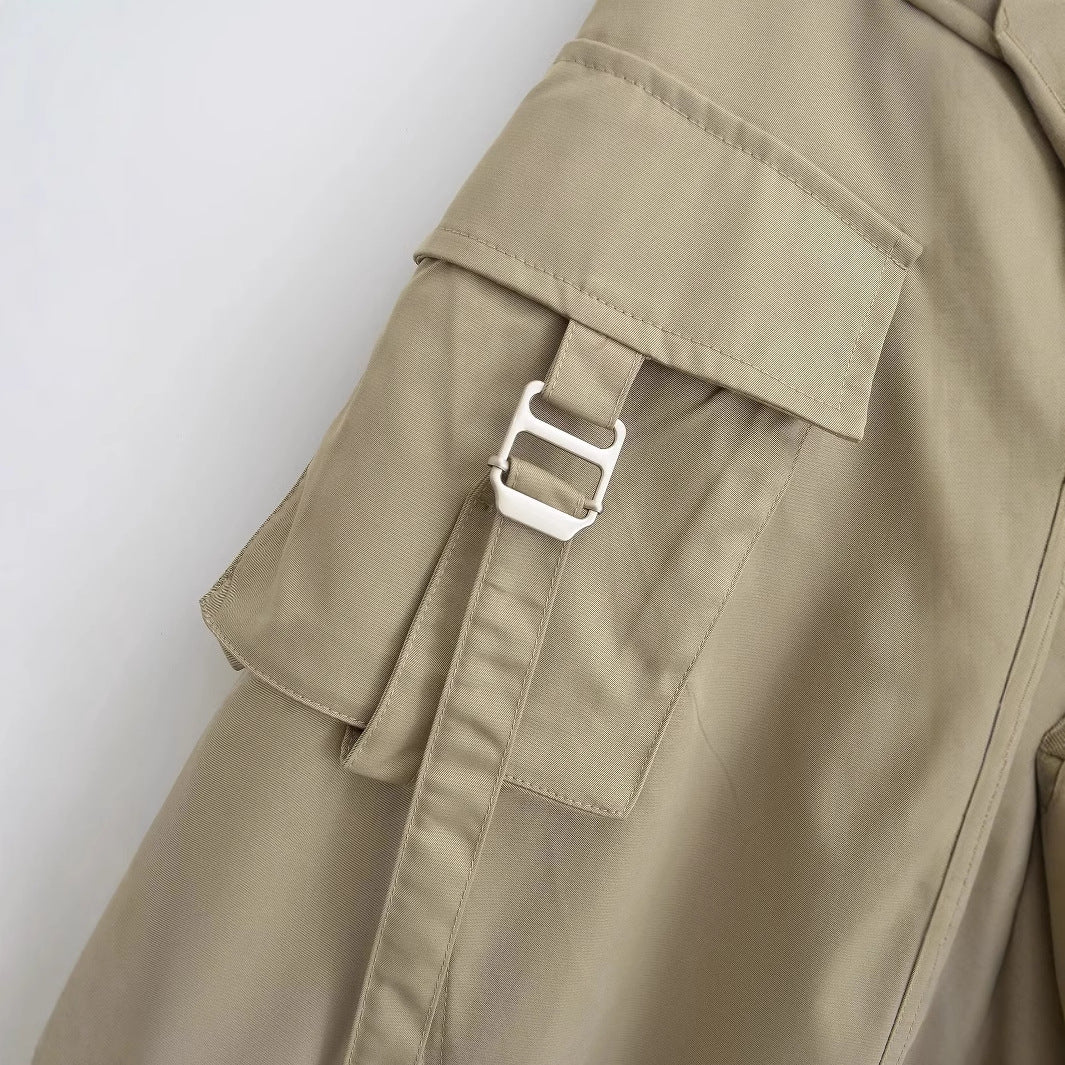 Casual women's khaki A-line cargo midi skirt with a relaxed fit, ideal for versatile utility fashion.