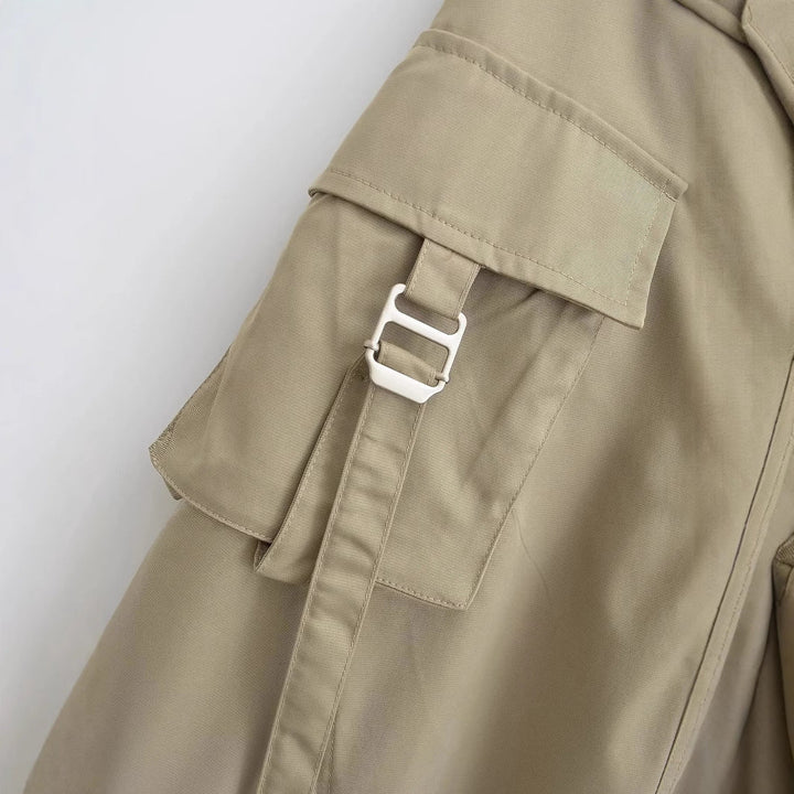 Casual women's khaki A-line cargo midi skirt with a relaxed fit, ideal for versatile utility fashion.