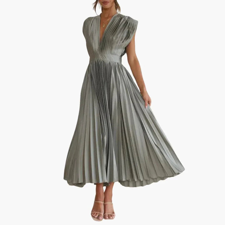 Elegant women's pleated V-neck midi dress, perfect for formal events, parties, and race day. Classic sophisticated design.