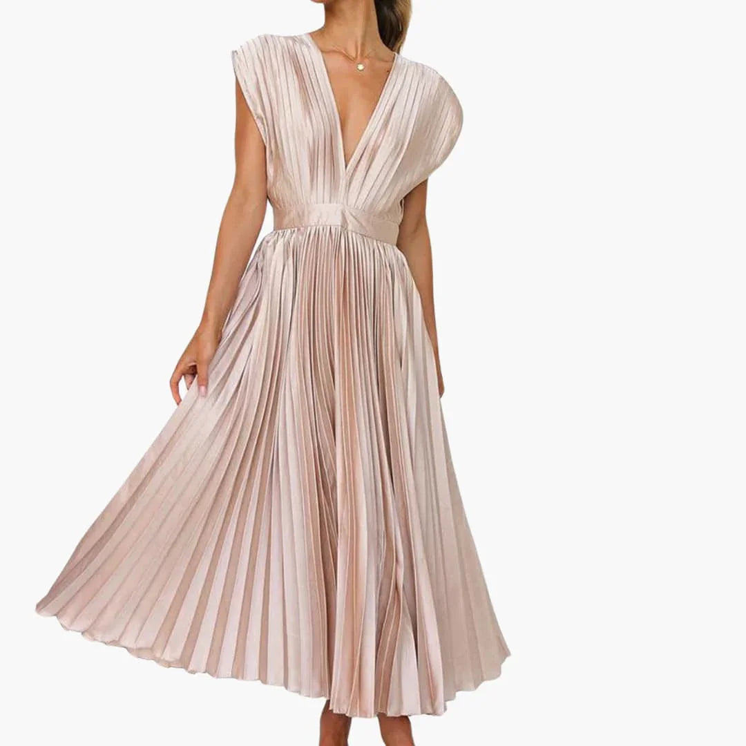 Stylish women's V-neck pleated midi dress, ideal for cocktail parties, formal wear, and elegant occasions. Modern fashion.