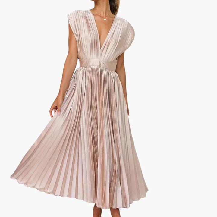 Stylish women's V-neck pleated midi dress, ideal for cocktail parties, formal wear, and elegant occasions. Modern fashion.