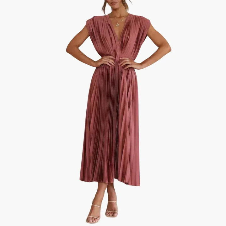 Chic women's midi dress with V-neck and pleats, suitable for formal, party, or race day wear. Elegant occasion dress.