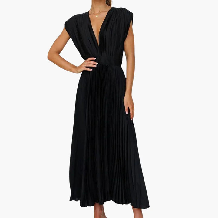 Beautiful pleated V-neck midi dress for women, an elegant choice for cocktail, party, or formal wear. Sophisticated.