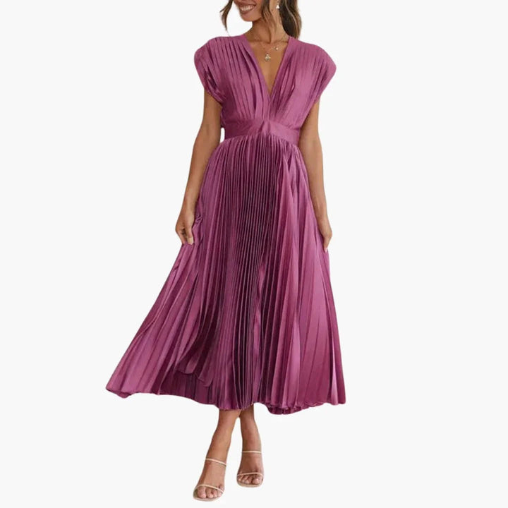 Women's sophisticated pleated V-neck midi dress, a stunning option for formal events, race days, and parties. Occasion wear.